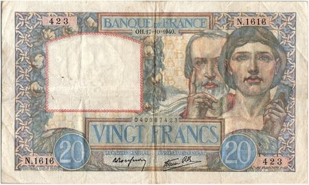 France 20 Francs Science et Travail - 17-10-1940 Série N.1616