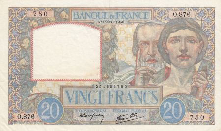 France 20 Francs Science et Travail - 22-08-1940 Série O.876