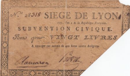 France 20 Livres Siège de Lyon - Août 1793 - n° 28318