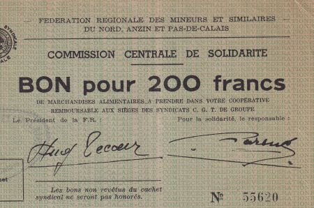France 200 Francs - Fédération régionales des mineurs du Nord, Anzin et Pas-de-Calais - 1939-1945