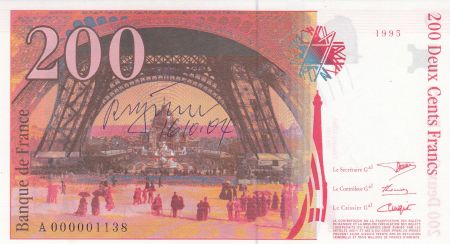 France 200 Francs - Tour Eiffel - 1995 - Petit Nº A000001138 - Signé par l\'Artiste R. Pfund