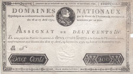 France 200 Livres Louis XVI - 19 Juin et 12 Sept. 1791 - Série B - 2ème exemplaire