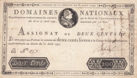 France 200 Livres Louis XVI - 31-08-1792 Série B - TTB+ - Sign. Reboul