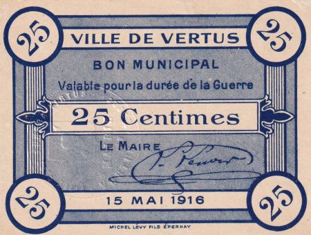 France 25 Centimes - Ville de Vertus - 15-05-1916
