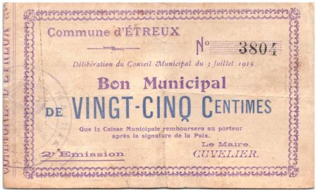 France 25 Centimes Etreux Commune - 1915