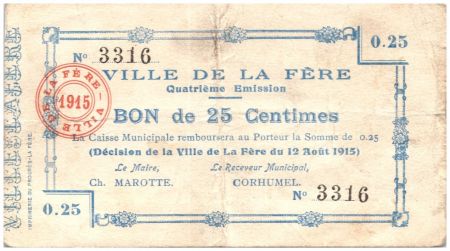 France 25 Centimes La-Fère Ville - 1915