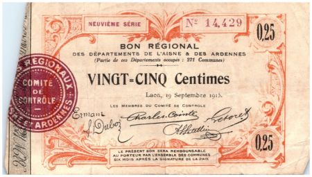 France 25 Centimes Laon Régional - 9ème série - 1915
