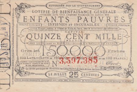 France 25 Centimes Loterie de Bienfaisance Générale des Enfants Pauvres  - 1886 - TTB - Chateauroux