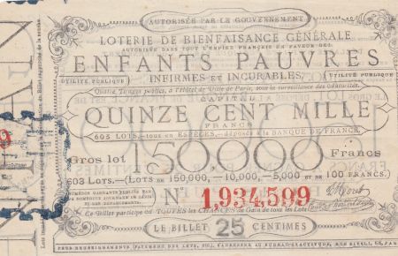 France 25 Centimes Loterie de Bienfaisance Générale des Enfants Pauvres  - 1886 - TTB