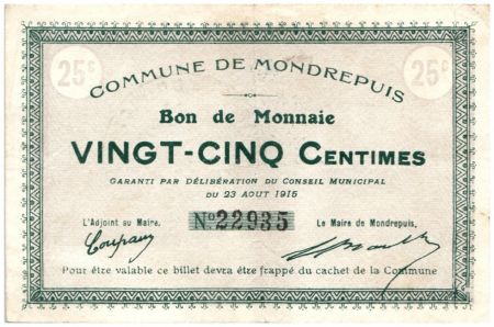 France 25 Centimes Mondrepuis Commune - 23/08/1915