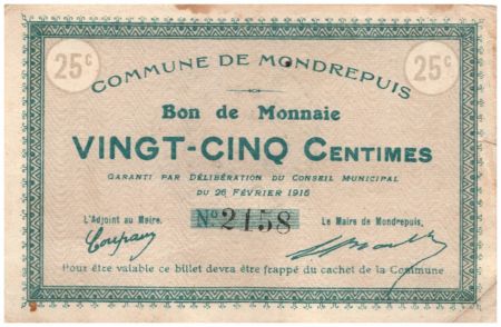 France 25 Centimes Mondrepuis Commune - 26/02/1915
