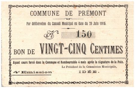 France 25 Centimes Premont Commune - 4ème émission N150 - 1915