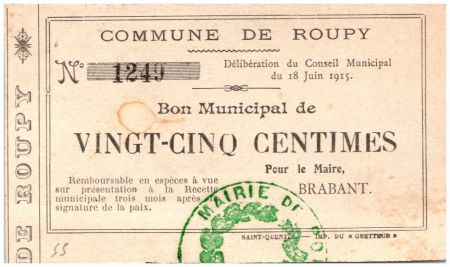 France 25 Centimes Roupy Commune - N1249 - 1915