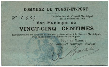 France 25 Centimes Tugny-Et-Pont Commune - 15/09/1914