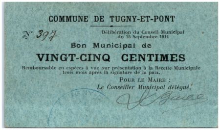 France 25 Centimes Tugny-Et-Pont Commune - 1914