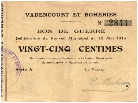 France 25 Centimes Vadencourt Et Boheries Commune - 1915