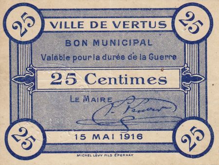 France 25 Centimes Vertus Bon Municipal 1916