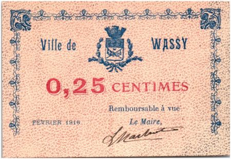 France 25 Centimes Wassy Ville - 1916