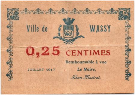 France 25 Centimes Wassy Ville - 1917