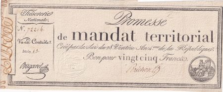 France 25 Francs - Mandat Territorial avec série 13 - 28 Ventose An IV (18.03.1796) - TTB