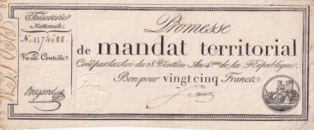 France 25 Francs - Mandat Territorial sans série - 28 Ventose An IV (18.03.1796) - TTB