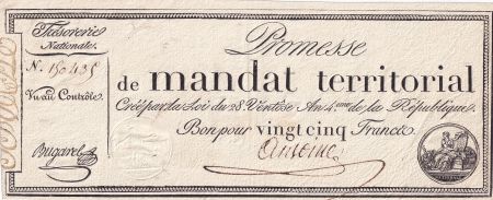 France 25 Francs - Mandat Territorial sans série - 28 Ventose An IV (18.03.1796) - TTB