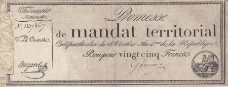 France 25 Francs Mandat Territorial - 28 Ventose An IV (18.03.1796) - TTB