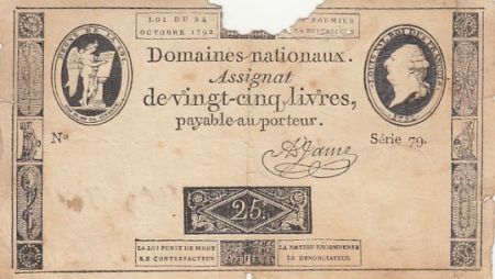 France 25 livres - Impression noire - 24-10-1792 - Sign. A. Jame - Série 79