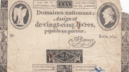 France 25 Livres - Louis XVI 16-12-1791 - Sign. A. Jame - Série 254