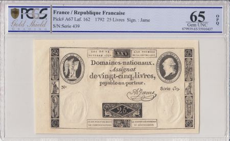 France 25 Livres Louis XVI (24-10-1792) - Sign. Jame - PCGS 65 OPQ