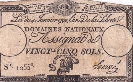 France 25 Sols - Coq - 04-01-1792 - Sign. Hervé - Série 1255 - L.150