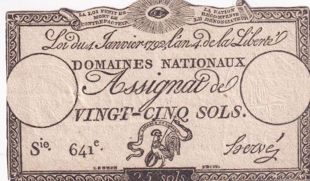France 25 Sols - Coq - 04-01-1792 - Sign. Hervé - Série 641 - L.150