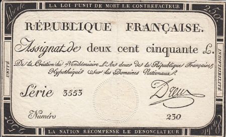 France 250 Livres - 7 Vendémiaire - l\'An deux de la République Française - Sign. Dreux