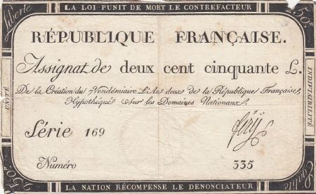 France 250 Livres - 7 Vendemiaire An II - 28.9.1793 - Sign. Fery