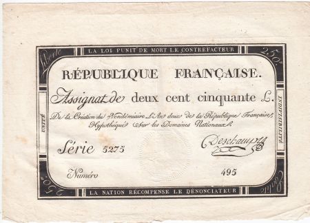 France 250 Livres 7 Vendemiaire An II - 28.9.1793 - Sign.  Deschamps - TTB+