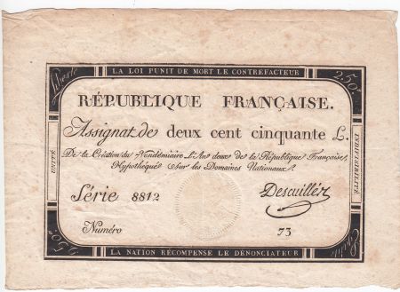 France 250 Livres 7 Vendemiaire An II - 28.9.1793 - Sign.  Descuiller - TTB