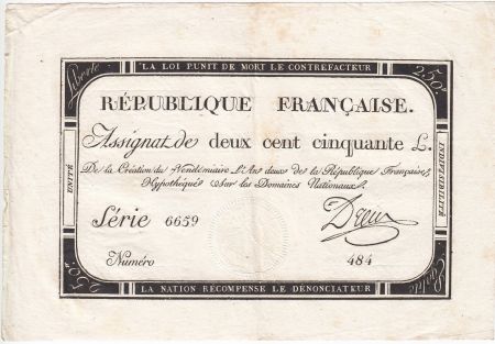 France 250 Livres 7 Vendemiaire An II - 28.9.1793 - Sign.  Dreux - TTB+