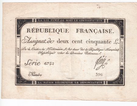 France 250 Livres 7 Vendemiaire An II - 28.9.1793 - Sign.  Fery - TTB