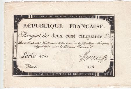France 250 Livres 7 Vendemiaire An II - 28.9.1793 - Sign.  Huraux - TTB+