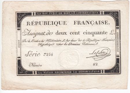 France 250 Livres 7 Vendemiaire An II - 28.9.1793 - Sign.  Leclerc - TTB