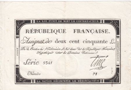 France 250 Livres 7 Vendemiaire An II - 28.9.1793 - Sign.  Tiné - TTB+