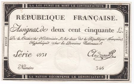 France 250 Livres 7 Vendemiaire An II - 28.9.1793 - Sign. Andrieu - TTB