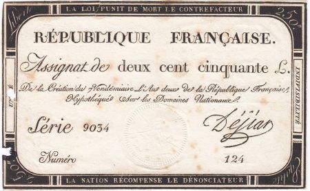 France 250 Livres 7 Vendemiaire An II - 28.9.1793 - Sign. Dejean - PTB