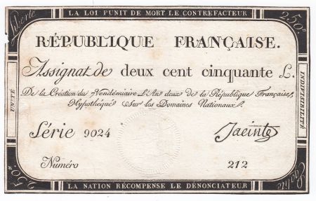 France 250 Livres 7 Vendemiaire An II - 28.9.1793 - Sign. Jacinte - TTB