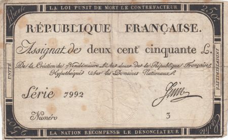 France 250 Livres 7 Vendemiaire An II - 28.9.1793 - Sign. Juin