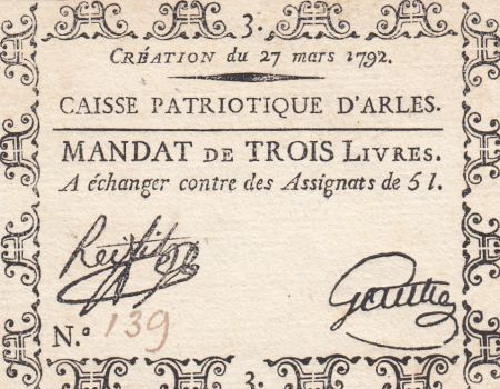 France 3 Livres Caisse Patriotique - Arles - 1792 - SUP - Faux