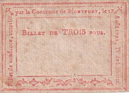 France 3 Sous -  Billet de Confiance - Montfort - 17-08-1792