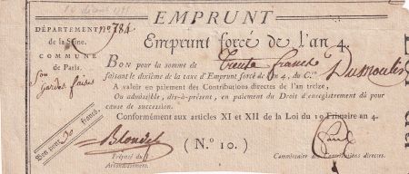 France 30 Francs - Emprunt Forcé - An 4 (1796) - Seine - Paris
