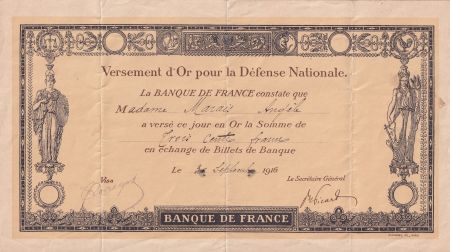 France 300  Francs - Reçu de versement d\'or pour la Défense Nationale - 30-09-1916 - TTB+