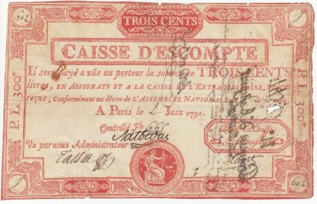 France 300 Livres Caisse Escompte Juin 1790 - Imp. rouge